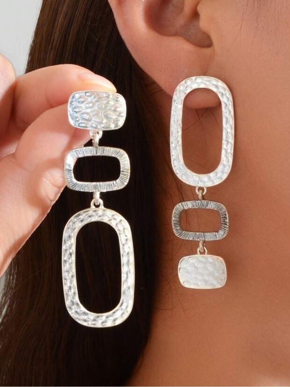 Hammered Silver Geometric Drop Earrings - SHEIN